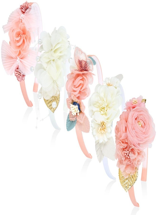 Dizila 5 Pieces Pink Ivory Chiffon Flower Plasitc Headbands Floral Hair Bands Hoops Accessories - Image 1